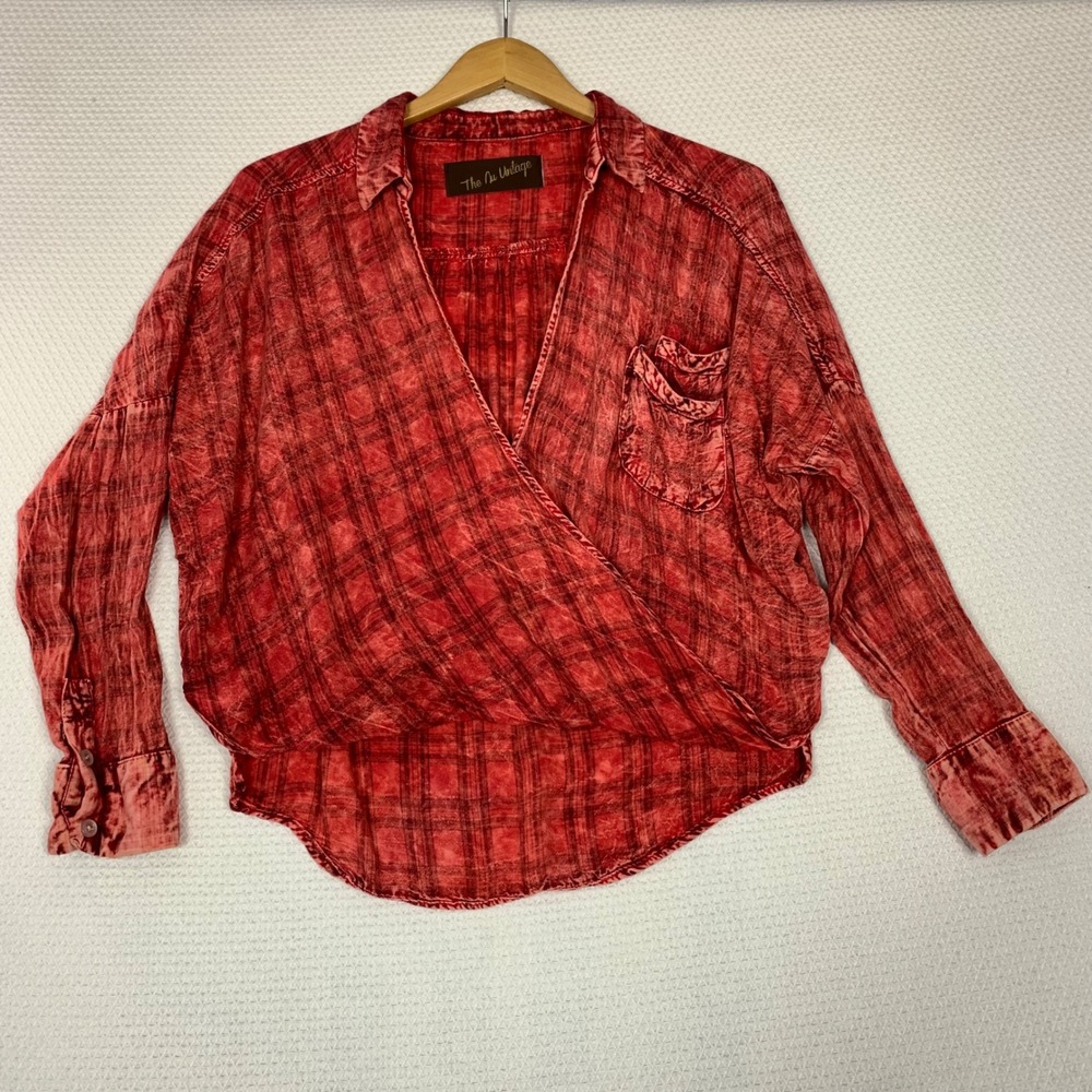 The Nu Vintage Red Acid Wash Plaid Faux Wrap Top Small Rayon Blend